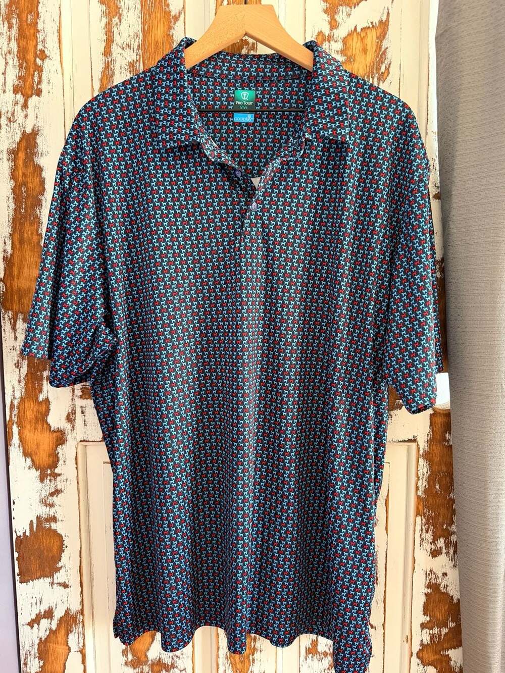 Pro Tour Mens Coolplay Polo Shirt Size XXL Blue Red Dog Print Preppy Golf
